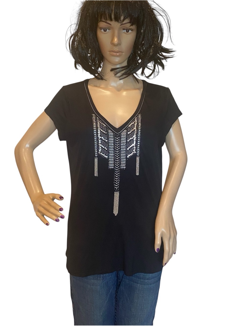 Rock & Republic Silver Embellished V-Neck Cap Sleeves Black Tee Shirt Medium VGC